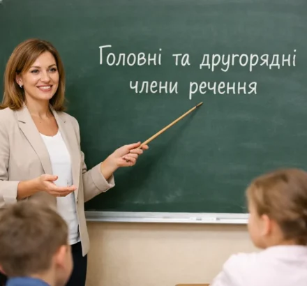 Вчителька біля дошки пояснює тему Головні та другорядні члени речення