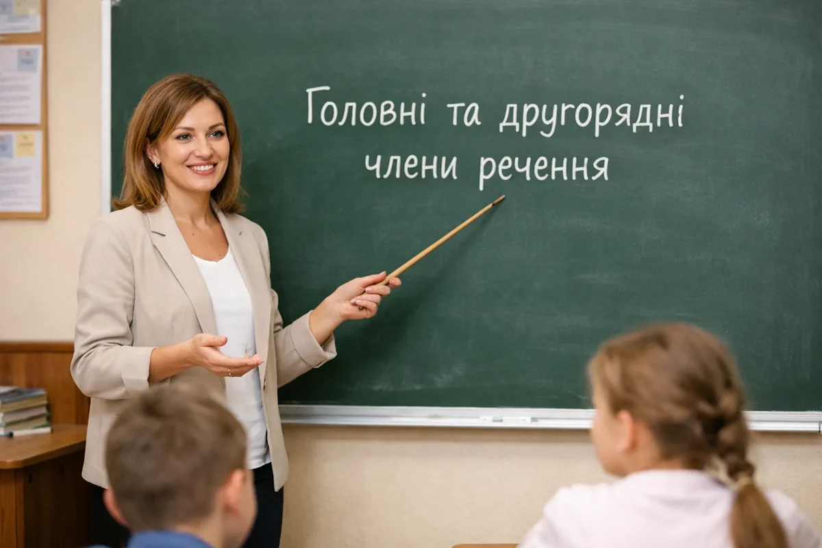 Вчителька біля дошки пояснює тему Головні та другорядні члени речення