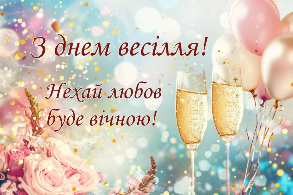 Святкова картинка для привітання з днем весілля з шампанським та кульками