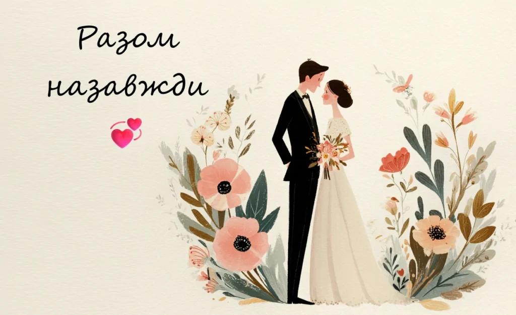 Ілюстрована листівка привітання на день весілля парі