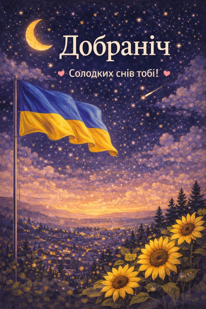 картинка добраніч з небом природою соняшниками та прапором України