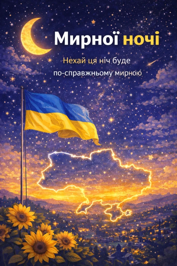 картинка мирної ночі з зоряним небом та українським прапором