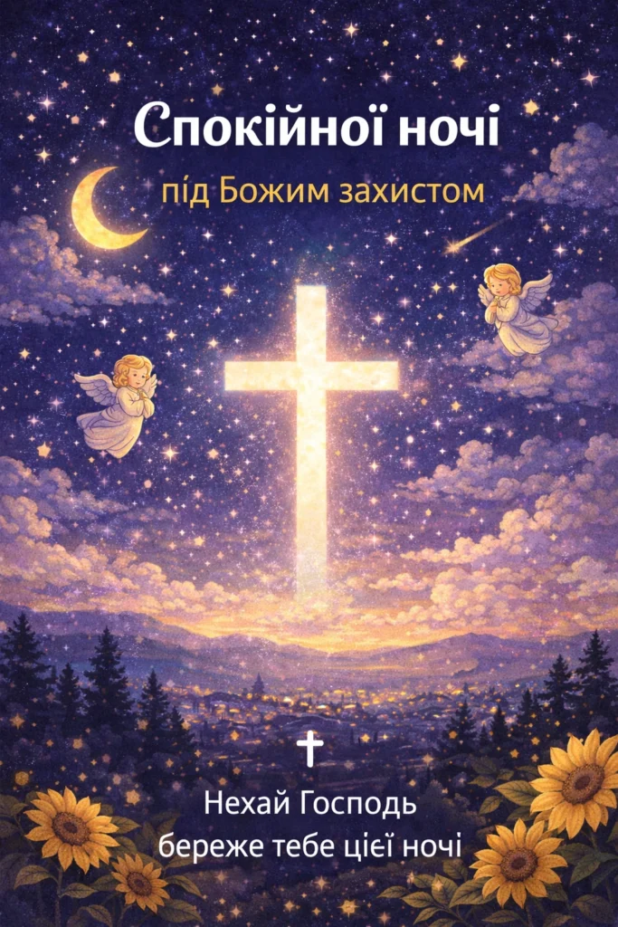християнське побажання на добраніч українською з нічним небом та ангелами