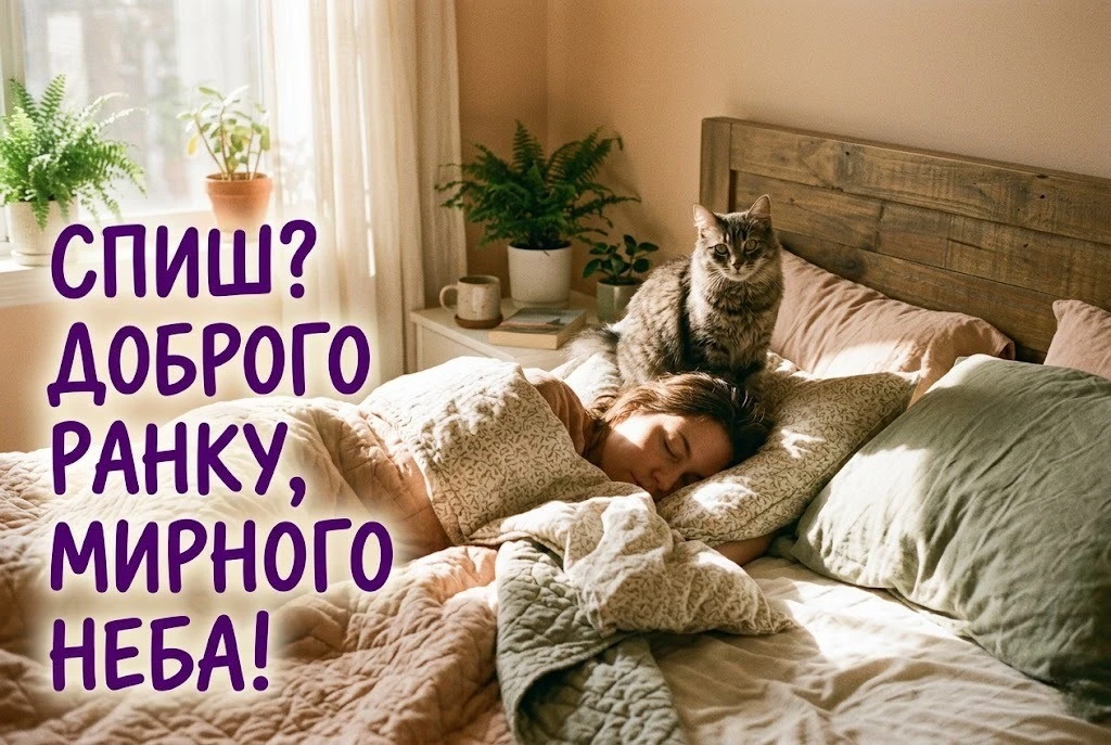 прикольна картинка доброго ранку мирного неба з котом кава у ліжко