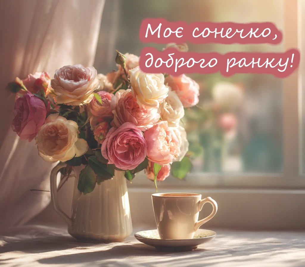 романтичне ранкове привітання для коханої з квітами і кавою