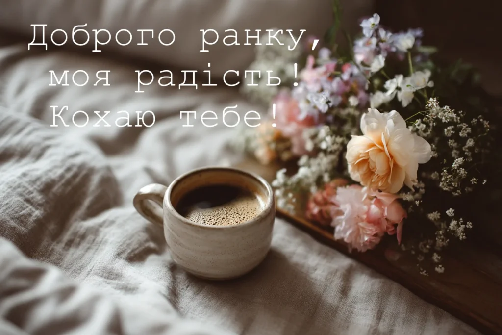 доброго ранку моя радість картинка з кавою і букетом квітів