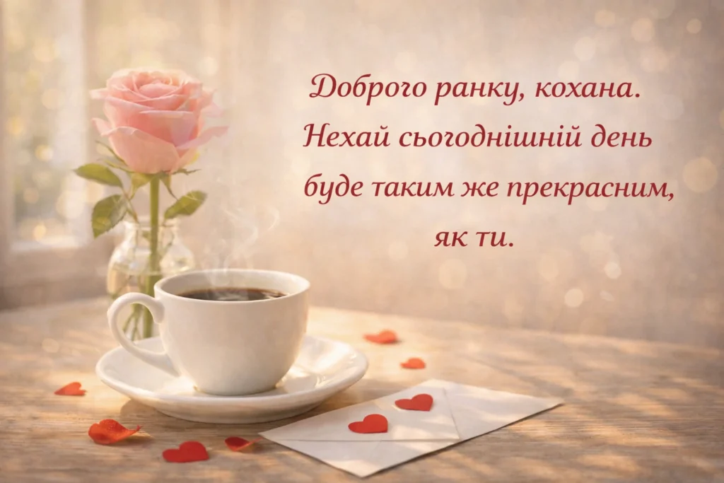 доброго ранку кохана романтична листівка з трояндою і кавою