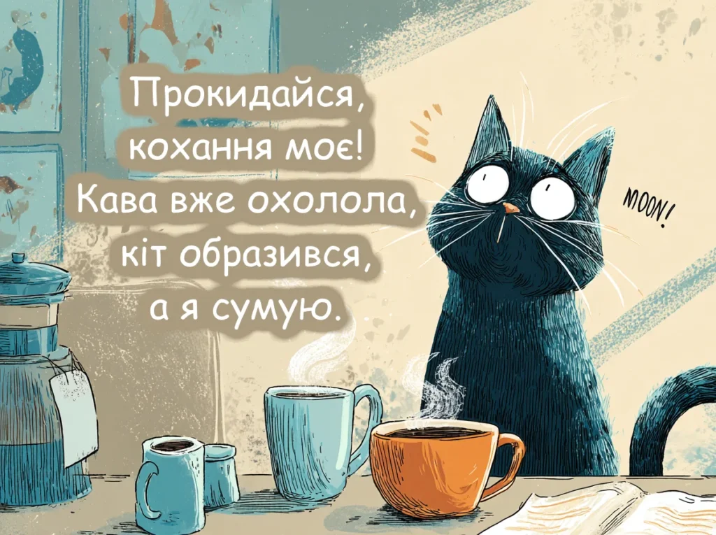 прикольні картинки доброго ранку кохана з котиком і кавою