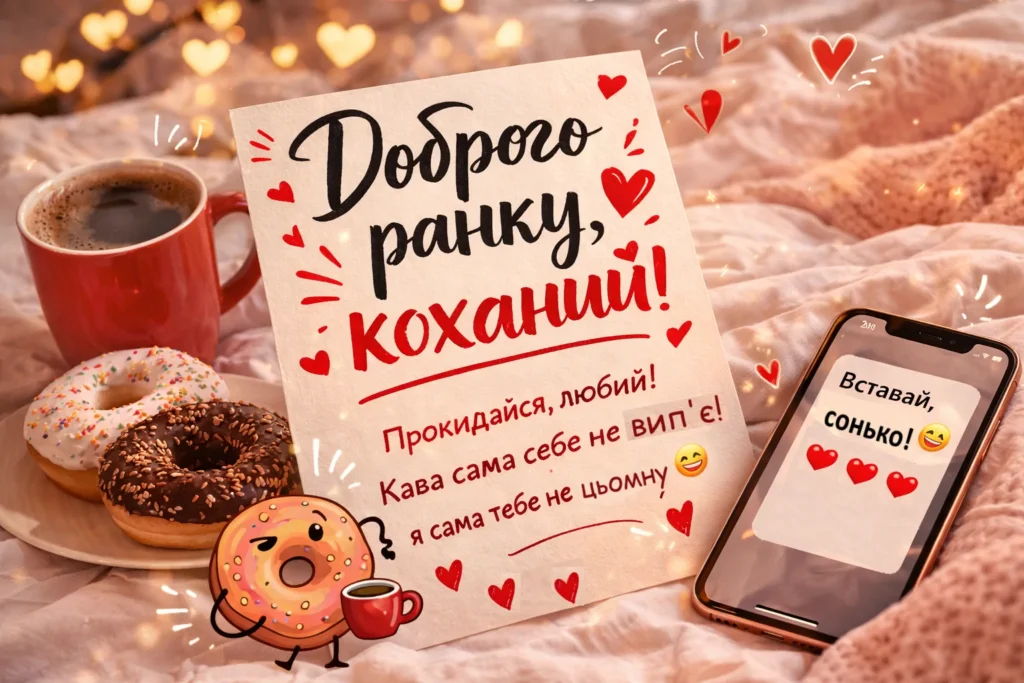 прикольна листівка доброго ранку коханому з кавою та пончиком