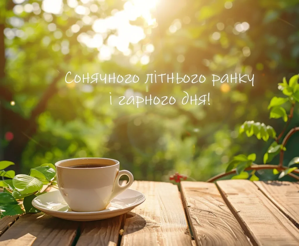 літній сонячний ранок кава на природі і побажання гарного дня