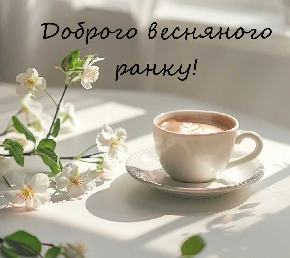 доброго весняного ранку і гарного дня з квітами та кавою