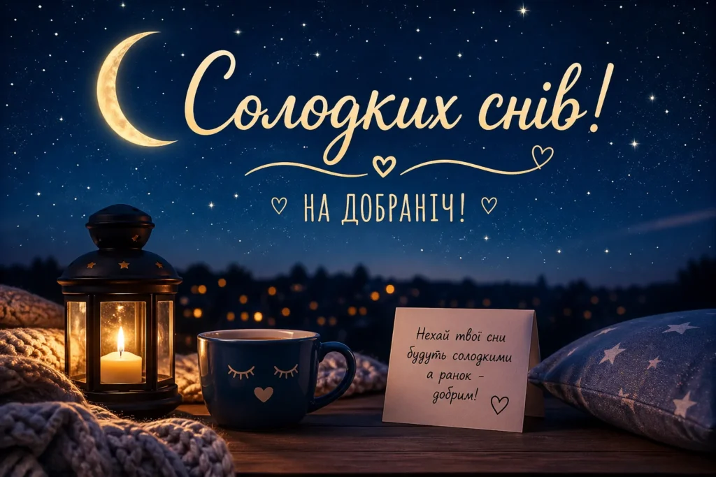 красива картинка з побажанням солодких снів українською мовою з нічним небом, зорями і какао