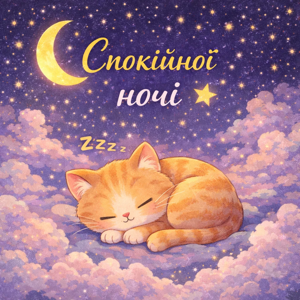 мила листівка спокійної ночі з котиком