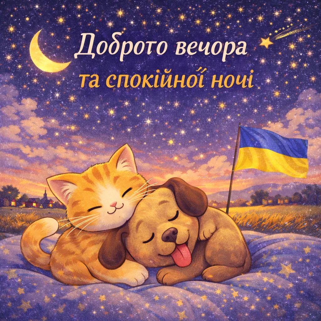 листівка спокійної ночі та доброго вечора українською з котиком і песиком, які мирно сплять