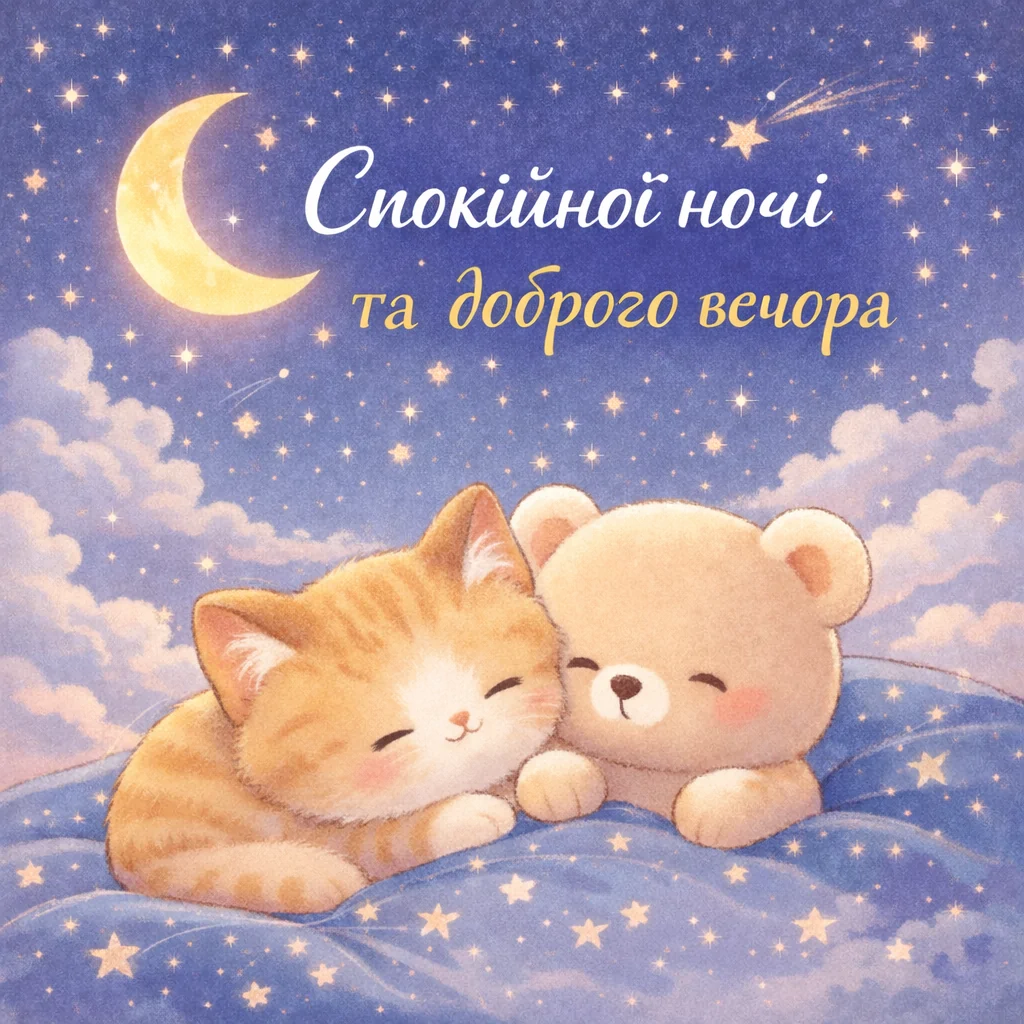 дитяча листівка спокійної ночі з милим котиком