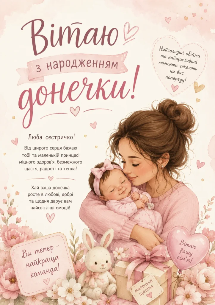 Картинка з народженням донечки для сестри у ніжних рожевих кольорах