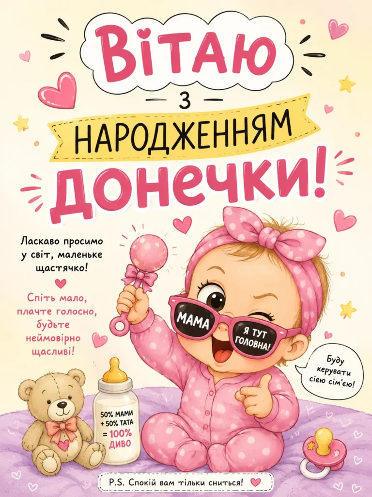 Прикольна листівка з народженням маленької принцеси донечки
