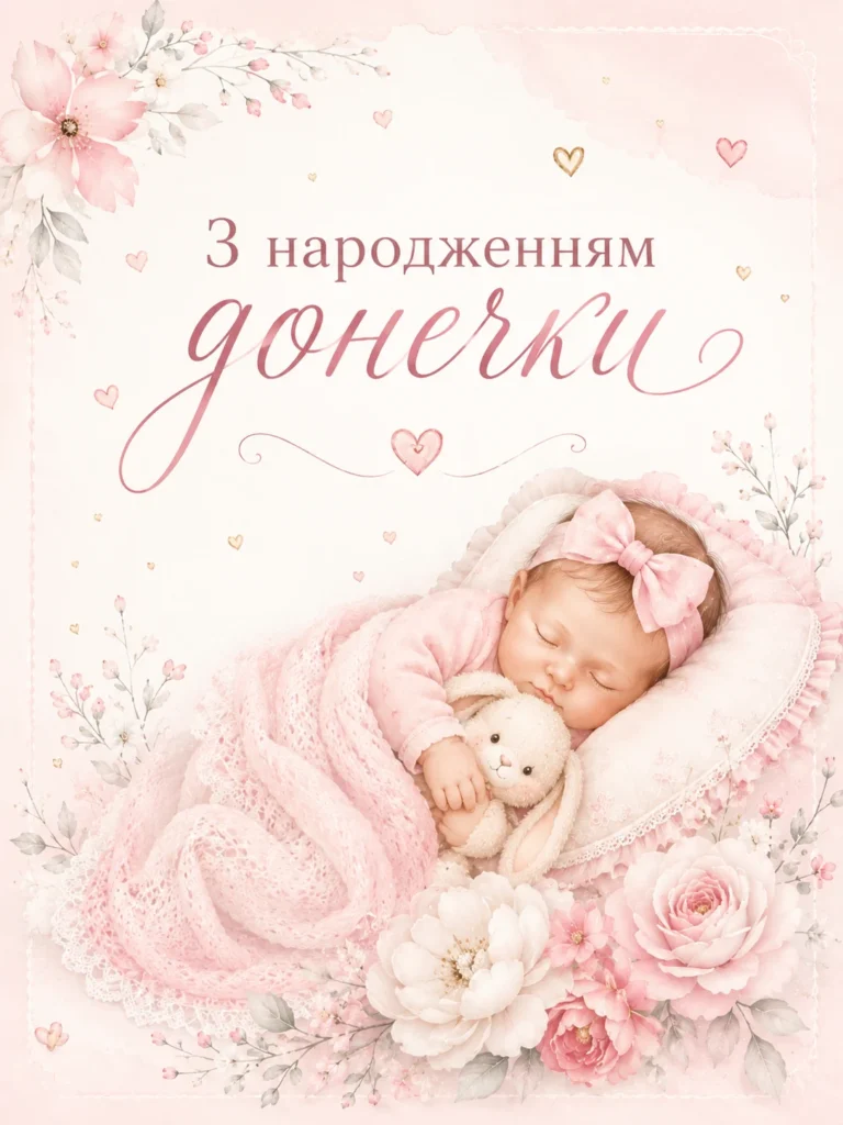Зворушлива картинка з народженням донечки з немовлям та зайчиком
