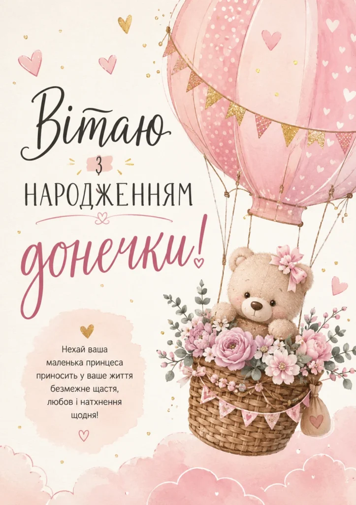 Красива картинка з народженням доньки з квітами та ведмедиком