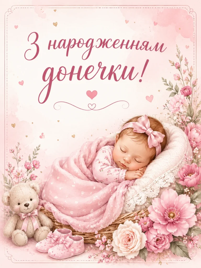 Ніжна картинка з народженням донечки у пастельних та рожевих тонах
