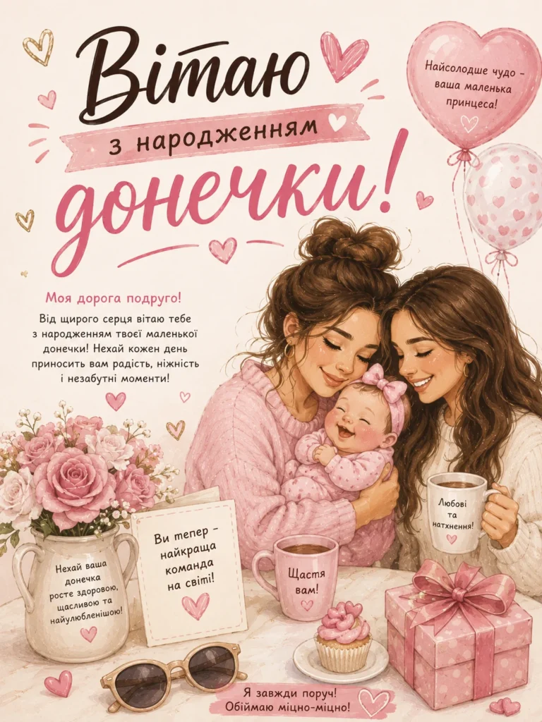 Привітання подрузі з народженням донечки сучасна листівка