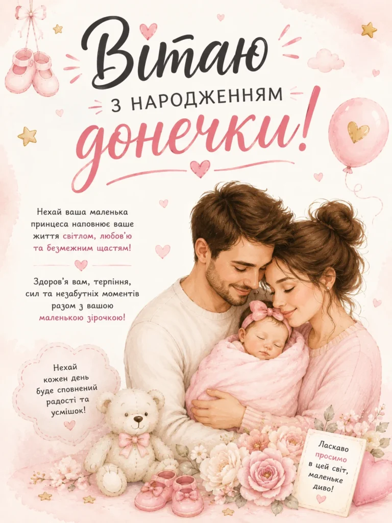 Красива сучасна листівка з народженням донечки для мами й тата