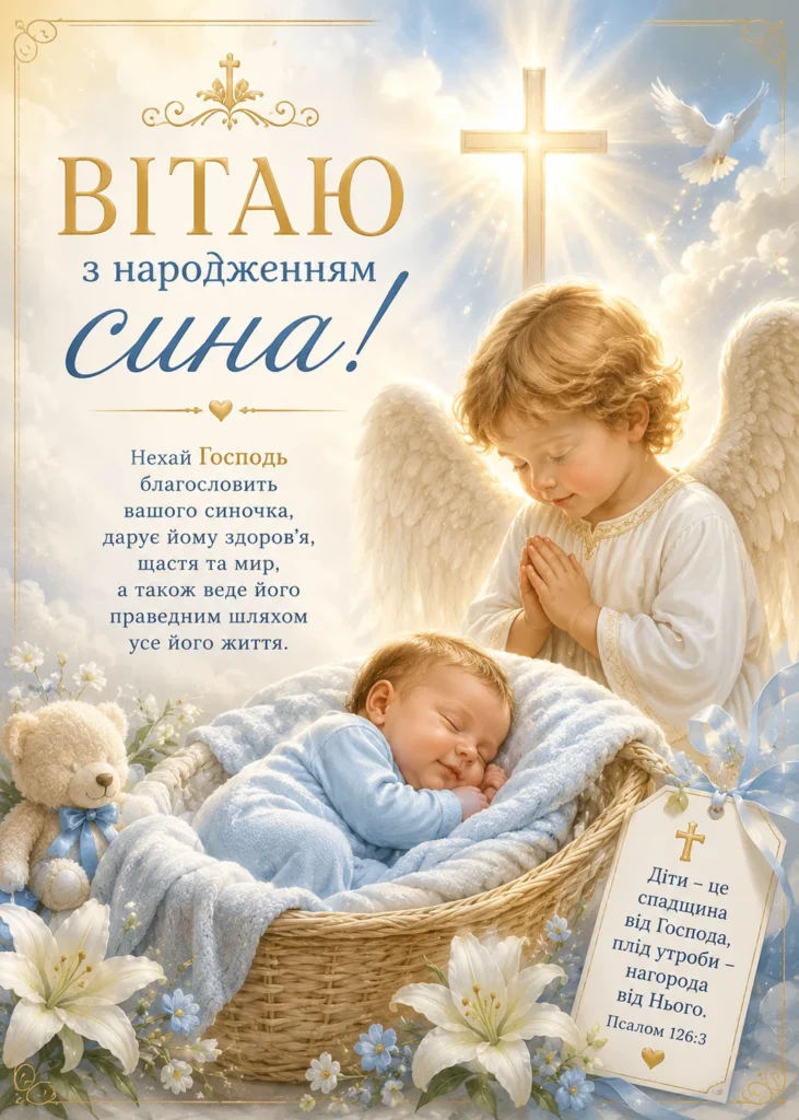 картинка вітання з народженням сина у християнському стилі з ангелом