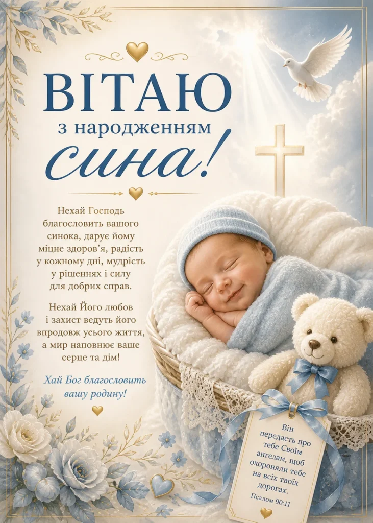 християнська листівка з привітанням з народженням сина