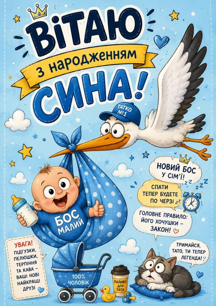 Весела листівка для молодих батьків із народженням сина