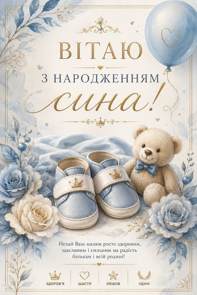Вишукана листівка «Вітаю з народженням сина» з побажаннями