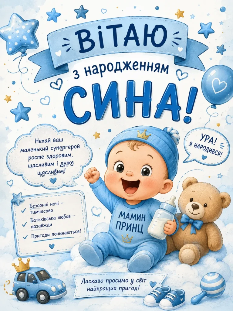 Сучасна листівка для привітання мами з народженням сина