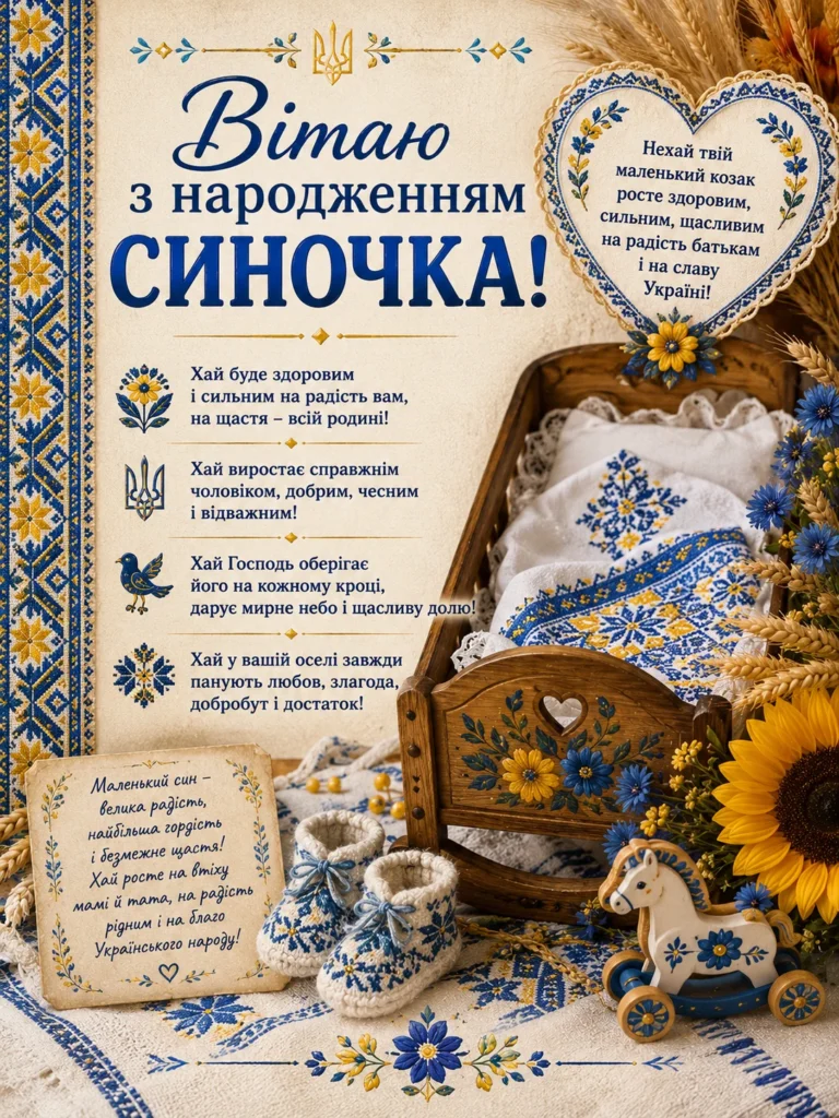 Листівка з народженням синочка у національному стилі