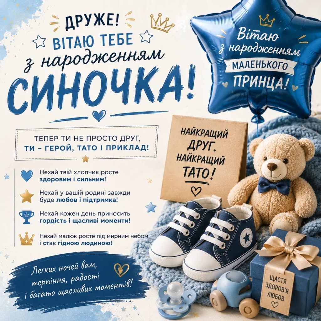 Святкова листівка з народженням маленького сина для друга