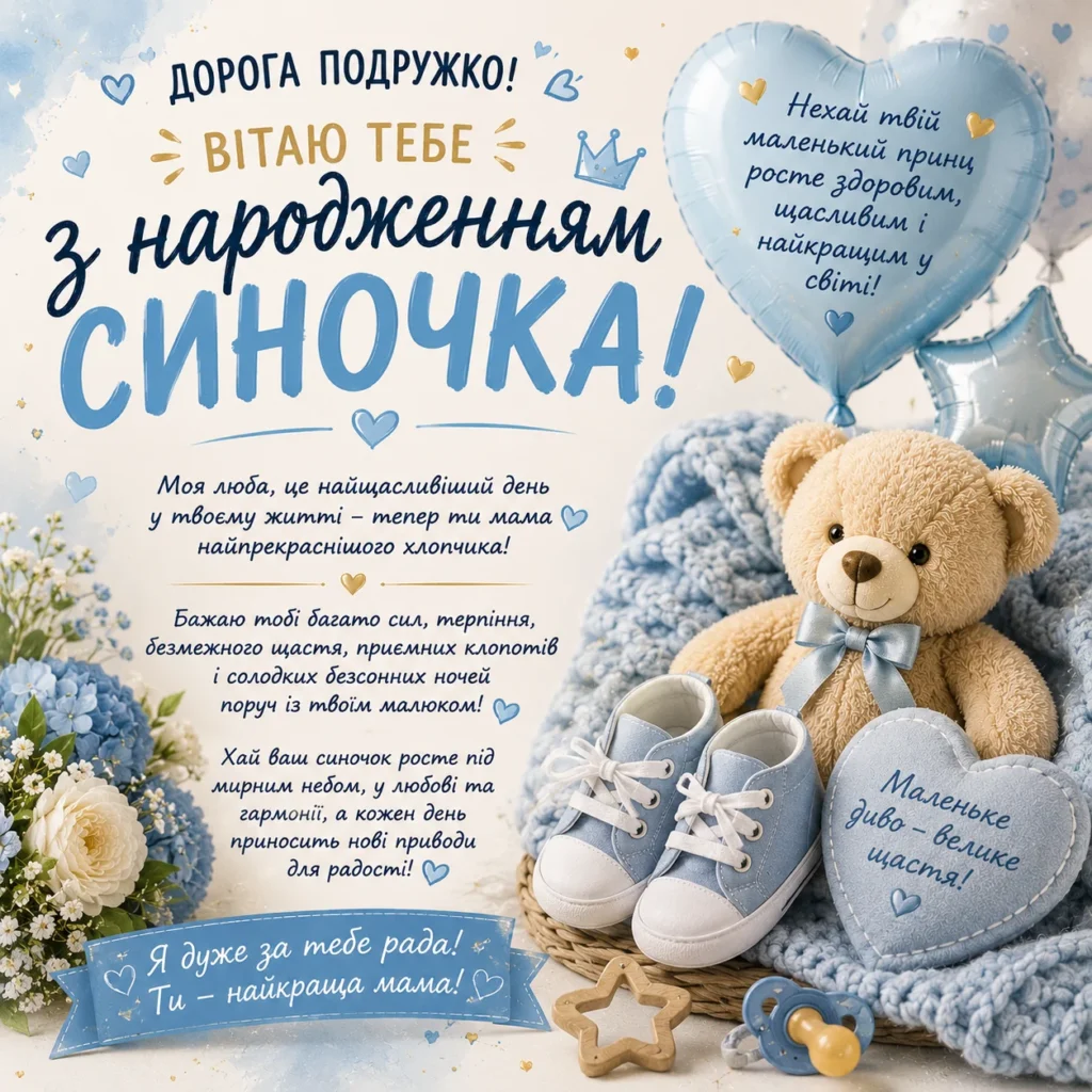 Щирі привітання подрузі з народженням синочка у листівці