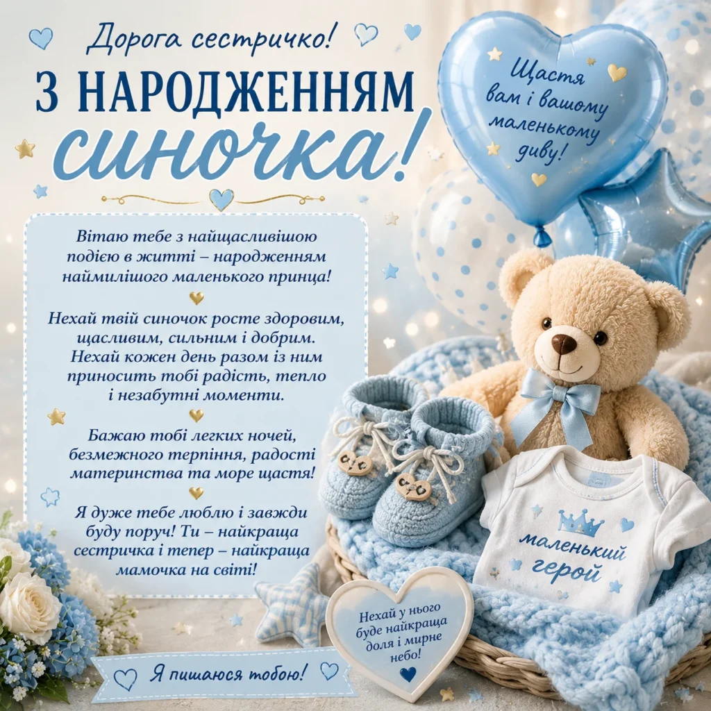 привітання сестрі з народженням синочка у красивій листівці
