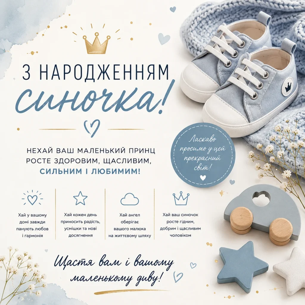 Стильна сучасна листівка з народженням синочка з кедами