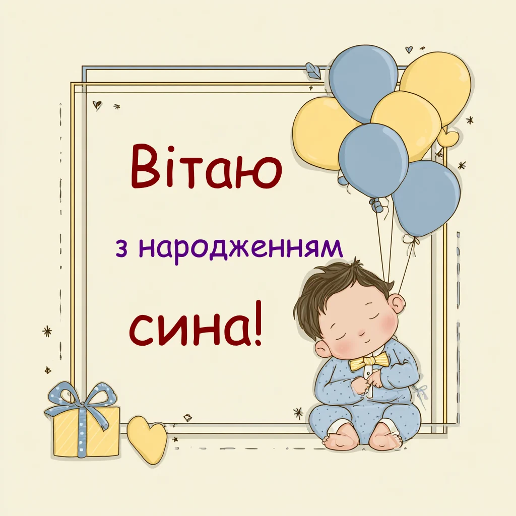 картинка вітаю з народженням сина з хлопчиком та кульками в жовто блакитних кольорах