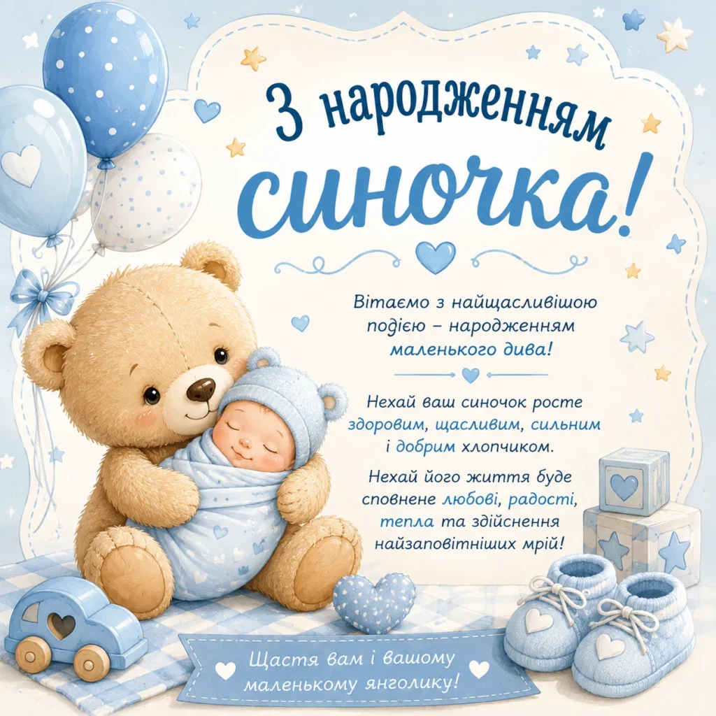 Ніжна листівка «Вітаю з народженням сина» українською мовою