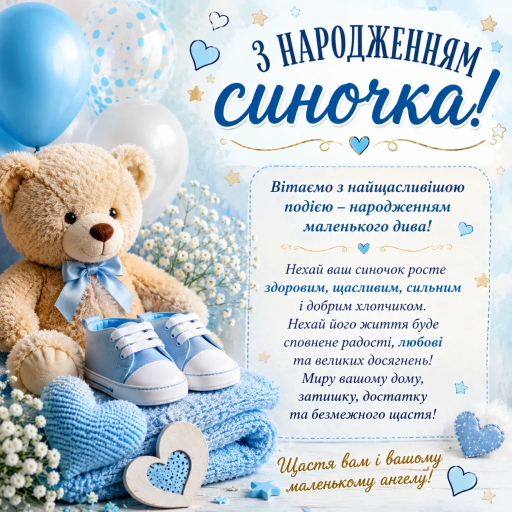 Картинка «З народженням синочка» з ведмедиком у блакитних кольорах