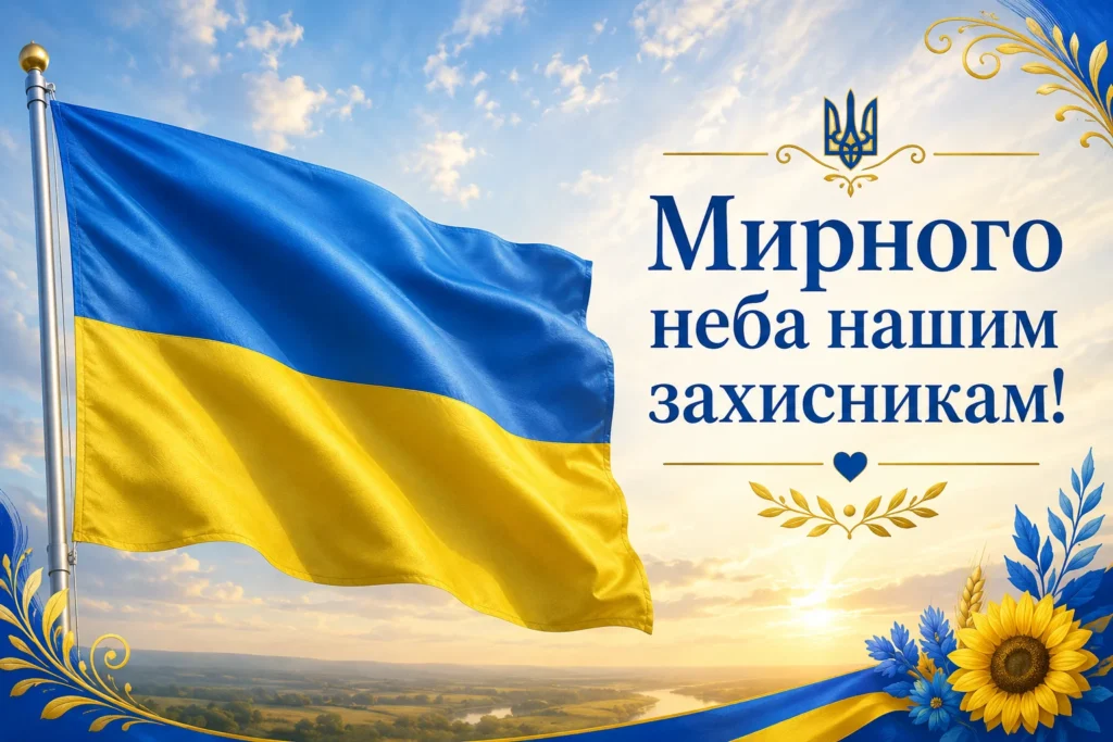 патріотична листівка "мирного неба нашим захисникам" з прапором