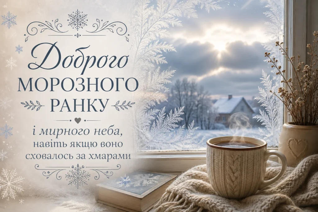 мирний зимовий ранок, засніжене вікно і чашка гарячого напою