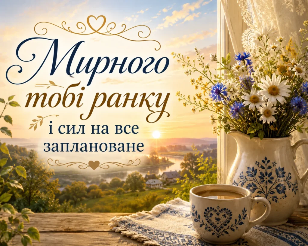 Листівка "мирного тобі ранку" з квітами та кавою