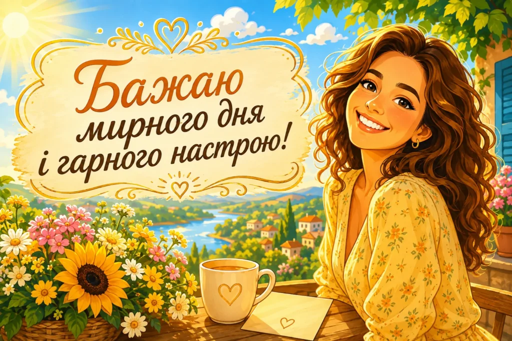 сонячна картинка з дівчиною та побажанням мирного дня і гарного настрою